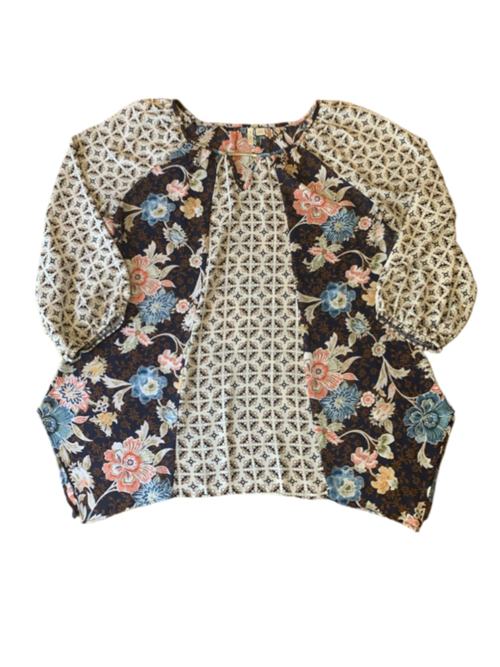 Cato Top Large multi color floral Long Sleeve Sheer Shark bite Bottom